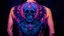 Placeholder: An amazing dark psytrance art tattoo of Death on a human back, on a dark background under UV light, vivid and vibrant neon tattoo ink, detailed, intricate, high contrast.