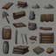 Placeholder: Sprite sheet, Wood, Nails, Metal scrap, Electronics, Tarps, Water, Food, Clothing, Tools, icons, survival game, gray background, comic book,
