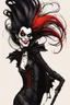 Placeholder: create a seductive, female goth vampire with highly detailed and refined facial features and hair, clothed in an ornate Gothic rags and fishnet stockings, in the caricature cartoon style of Gerald Scarfe and Ralph Steadman, precisely drawn, boldly inked, vividly colored, 4k