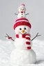 Placeholder: An adorable snowman standing proudly at the center, crafted with perfectly rounded snowballs and a carrot nose that tilts upwards slightly. Above him, a second, smaller snowman is playfully balanced atop his hat, which is a jaunty knit cap in vibrant red and white stripes. This miniature snowman wears a warm scarf made of snow that wraps around the base of the larger snowman's hat, creating a charming link between the two. The larger snowman's eyes and smile are made of shiny black coal, and his