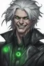 Placeholder: plauge doctor in balck leather clothes with silver hair, pale skin and bright green eyes smiling with sharp teeth