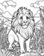 Placeholder: create a 2d black outline, "safari lion coloring book for kids ", coloring page, low details design, black contour, coloring page design, simple background, colorful , card style, coloring page for kids, white background, sketch style, cartioon style, safari landscape