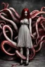 Placeholder: blood, goth woman, leaning pose, full body, squid, octopus creepy, horrifying, sinister, 8k, macro photography,