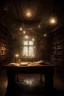 Placeholder: Desk with old lighting on the ceiling and spider webs on the walls in a terrifying scene with books flying around, 1920 x 720.