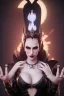 Placeholder: Morrigan Hel as evil queen in black leather gown, cleavage, angry, unreal 5, octane render,cinema4d, dynamic lighting, dramatic lighting, 4k, redshift render, highly detailed, hyper realistic