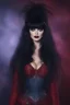 Placeholder: full body portrait - Elvira, Mistress of the dark - 32k, UHD, 1080p, 8 x 10, glossy professional quality digital photograph - dark blue and dark red, and light maroon and purple and foggy black gradated background, historic, powerful, octane rendering, exquisite detail, 30 - megapixel, 4k, 85 - mm - lens, sharp - focus, intricately - detailed, long exposure time, f8, ISO 100, shutter - speed 1125, diffuse - back - lighting, ((skin details, high detailed skin texture)), (((perfect face))),