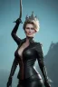 Placeholder: Robin Wright as evil queen in black leather, busty, cleavage, voluptuous, Claire Underwood, angry, stern look. character design by cory loftis, fenghua zhong, ryohei hase, ismail inceoglu and ruan jia. unreal engine 5, artistic lighting, highly detailed, photorealistic, fantasy