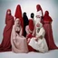 Placeholder: A fashion photography of a group wearing traditional Middle Eastern , no face in a white studio with a red scarf around the head and a long skirt, posing for Vogue magazine in the style of James Bidgood photographed in the style of Tim Walker. --ar 101:128 --v 6. 0