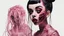 Placeholder: full color, illustration of a darkred and pink tones, menacing, Singer Melanie Martinez face, as a decayed, broken, skin turned translucent, black veins that extended like roots beneath her skin, latex suit, crude homemade cloth doll toy, with a narrow cracked porcelain face, thick dark eyebrows, hair in two gradually, made from ragged strips of cloth, in the style of Alex Pardee, Tim Burton, and Nadya Sheremet