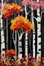 Placeholder: red, orange, yellow, pink flowers before birches. detalied, extremely high textured, botanical theme, with five, very thick layers of paint, with some brush bristles