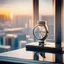 Placeholder: very close up of a wrist watch stands on table in balcony skyscraper camera looks at modern city environment reflected image i n watch plate