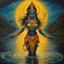 Placeholder: An oil painting of goddess Kali crossing a lake, neon gold colors, high detail eyes,