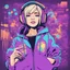 Placeholder: masterpiece, intricate details, a wide angle 2D anime bold line flat colour illustration of a cheerful girl in a high purple hoodie and headphone in hip hop style, dopamine style, overlaying mixed patterns of pop art text and emoji device installations, sharp focus, boy character illustration, beautiful vibrant kuler palette gradient