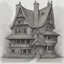 Placeholder: A highly detailed front elevation line drawing of a crooked fantasy house, with a twisted tall chimney, rooms and floors added to the sides and roofs, like Harry Potter's the Burrow.