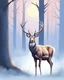 Placeholder: night, deer with antlers standing sideways, looking at viewer, realistic water color painted, among light colored tall simplified tree trunks, foggy, Easter Spring pastel colors, colorful, dark background