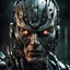 Placeholder: a close up portrait of an evil combat cyborg. photorealistic. predator meets the matrix meets the Borg. the lighting should be dark. it's approaching you from the shadows. it's battle damaged. some burn marks and bullet holes. incredibly ominous. one eye is a targetting device.