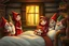 Placeholder: create a fairytale cottage scene with Little Red Riding Hood standing beside a bed, smiling gently, surrounded by seven unique dwarfs. In the bed rests a soft, expressive cat with a red headscarf, acting as grandma. Magical lighting, glowing forest window in background, warm earthy colors, ultra-detailed whimsical style --v 7 --style raw --ar 16:9