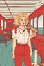 Placeholder: 23 years old girl, with blond hair and a messy bun like selah sue. standing on in a red boat, wearing red clothes and holding binoculars watching something in the middle of the sea. You see the whole boat. You see the gril in front. It's a ferry. Wes anderson style. In front. Sarcastic vibe. Old school interior. she stands in the kitchen of the boat