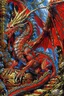 Placeholder: a huge red dragon guarding af treasure of gold, silver and diamonds. style of Larry Elmore.