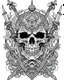 Placeholder: symmetrical skull with an embedded sword tattoo, coloring book page, clean line art, adults drawing book, Black and white only, crisp black lines, sharp lines, coloring page for adults, black and white picture, lots of details, tattoo style,tattoo ideas, full body