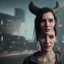 Placeholder: a moody medium-close-up shot of an attractive woman with a gentle smile and curved ram horns and one face. She's standing on a cyberpunk city sidewalk , high-resolution