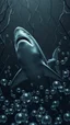 Placeholder: Giant gray shark in a gray background of black vein, human veins, mixing together a lot of them, like a forest, big and small veins a lot of them, crystal balls