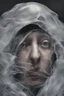 Placeholder: A realistic , 8k high quality image of a person's face from above, face is covered with a plastic, can't breath, suffocating with the face showing like vacuumed under the plastic, eyes open and looking in fear, metaphorically depicting the suffocating grip of anxiety, gothic and dramatic, chaos80 , with debree flying around, abstract