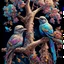 Placeholder: Fantasy birds in a tree, highly detailed, attractive beautiful, 1800’s, surreal, soft moody color splash, ink flowers on the ground Modifiers: digital painting extremely detailed fantasy high definition crisp quality Zentangle Style