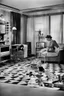 Placeholder: A tall housewife looking down at a doll house on the floor of a 1950s living room. In the style of the 1950s black-and-white movie The Incredible Shrinking Man.