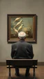 Placeholder: Bosch painting style a rear view of an old man sitting on a bench facing a a surrealism picture on the wall , show from the back of the picture
