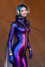 Placeholder: "Artistic photography (((FULL BODY from HEAD TO TOE + profile))), She is a Pleiadian woman with large bright almond-shaped eyes, she is beautiful and smiling, with indigo-purple blue skin, Asian style 40 years old, wearing a one-piece iridescent shimmering skintight spacesuit with gold designs down to her feet, she has pointed shoulder pads and a large high collar, a small cape, and skintight ankle boots the color of her suit with flat heels. She is wearing a transparent sci-fi style space helme