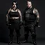 Placeholder: Picture of a photrealistic, lifelike,young 33 year old chubby extreme tatood girl with big scary knifes in her hands and a 25 years old boy, dressed in gothpunk clothing and boots,