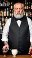 Placeholder: full figure photography of a turkish barman serving coffee, 62 years old, strong chubby man , bearded, in vest, shaved hairs, tattoo, serious eyes, photorealistic, Canon EOS, hyper-realistic, very detailed, emotive eyes, natural colours, sunlight