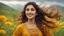 Placeholder: Hyper Realistic Photographic Close-Up View Of A Beautiful Young Pashto Woman With Beautiful Eyes Lips & Nose (Wearing Beautiful Yellow Frock With Orange Floral Patterns On It Her Beautiful Long Hair Whirling In Air) Happily Whirling & Smiling On Grassy-HillTop With Yellow-Flowers & A Valley Down, At Cloudy Weather With Heavy Rainfall Showing Dramatic & Cinematic Ambiance.