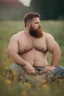 Placeholder: full figure photography, shy muscular big fat chubby, 35mm lens, burly italian man short hair, 27 years old sitting in the meadow near a big farm , red short beard, , hairy armpits, manly armpits, ugly, manly chest, hairy chest, big shoulders, , big belly, manly chest, shirtless, with boxer, emotive eyes, photorealistic , dim side light, ambient occlusion, side view, poetic composition, golden ratio