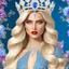 Placeholder: Handsome Smiling crystalized princess, majestic very long blond white hair, flowers and diamond crown, blue eyes, glitter pink lips, blush and eyelashes, blue and turquese jewels, flower glitter dress, flowers in background, full of details, extremely sharp detail, finely tuned detail, ultra high definition, 8 k, ultra sharp focus