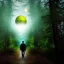 Placeholder: A person walking in the forest, with a UFO in the sky watching over him