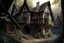 Placeholder: large medieval gothic, wooden inn, with a balcony, next to a cobbled road, in a wood, dense foliage, photo-realistic