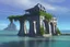 Placeholder: A futuristic ruined gothic building on an island floating over the sea with balconies, verandas, many arches, bridges, spires, paths, trees, dense foliage, spanish moss, ivy, blue sky, white clouds