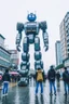 Placeholder: little people looking at huge dancin giant robot of vitalik buterin at tokyo shibuya crossroads in the rain