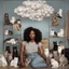 Placeholder: Portrait of black woman with curly hair sitting in room full of clouds and fluffy kittens