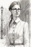 Placeholder: A Female Time Traveler In Victorian London, A quick pencil sketch of a portrait of a 20 years old woman with geeky prescription glasses; by Alex Maleev