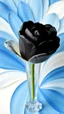 Placeholder: Black Rose in a long nice crystal vase, The background should be composed of blue petals that gradually transition to a creamy butter-colored center, with the petal tips delicately tinted in a noble, pale blue. The transitions between colors should be seamless and smooth, with no sharp edges, giving the petals an ethereal, veil-like, silky appearance. Focus on capturing the soft texture and gentle flow of the tulip petals, creating a dreamy and elega