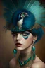Placeholder: penny dreadful, roaring 20s fashion, piercing gaze, small peacockfeather in hat, lavish egyptian jewlery