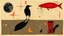 Placeholder: Long Shadows: raven, red fish, red boots, abstract surrealism, collage, conceptual art