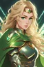 Placeholder: Young Woman with long blonde hair, vivid green eyes, wearing gilded Greek armor, light green cape, futuristic Coliseum background, RWBY animation style