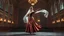 Placeholder: A full-body cinematic photograph of a graceful Azerbaijani woman performing a traditional national dance. She wears an intricately embroidered velvet bodice and a flowing long silk skirt. On her head is a small ornate traditional crown with a long, translucent white lace veil flowing elegantly behind her. She stands in a poised, elegant dance pose on a sleek modern performance stage with dramatic professional spotlighting. The stage is set inside a massive opulent royal hall with high ceilings,