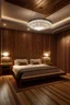 Placeholder: hotelzimmer mit 1 wand in altholz, mit indirekter beleuchtung hinterm bett, 1 kristallleuchter in der mitte des Raumes und holzfußboden