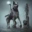 Placeholder: sad, abandoned, miserable dog tied to a pole with the Grim Reaper beside akita dog on lonely highway, 8k resolution, high-quality, fine-detail, iridescent, intricate, digital art, detailed matte, volumetric lighting, illustration, 3D octane render, brian froud, howard lyon, selina french, anna dittmann, annie stokes, lisa parker, greg rutowski