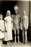 Placeholder: 1900's black and white vintage photo, interior, alien human hybrid creature with a family, captured on square format film, grainy, aged